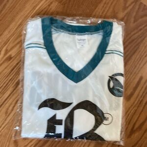 White and Teal V-Neck Jersey from sharks game